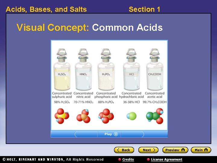 Acids, Bases, and Salts Section 1 Visual Concept: Common Acids 