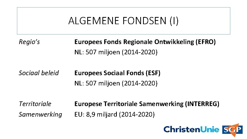 ALGEMENE FONDSEN (I) Regio’s Europees Fonds Regionale Ontwikkeling (EFRO) NL: 507 miljoen (2014 -2020)