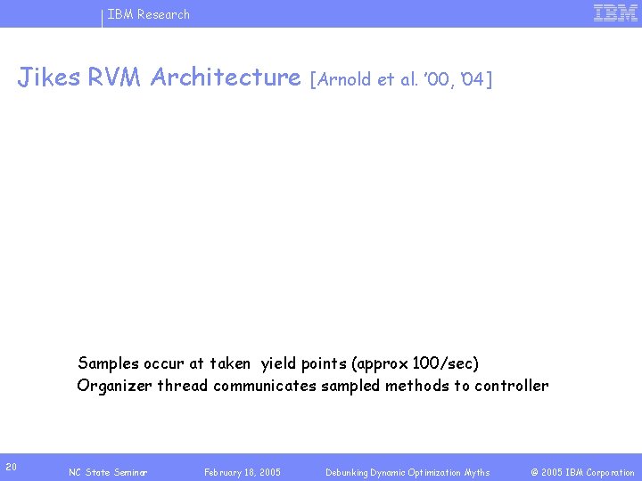 IBM Research Jikes RVM Architecture [Arnold et al. ’ 00, ‘ 04] Samples occur