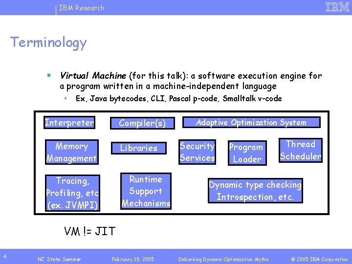 IBM Research Terminology § Virtual Machine (for this talk): a software execution engine for