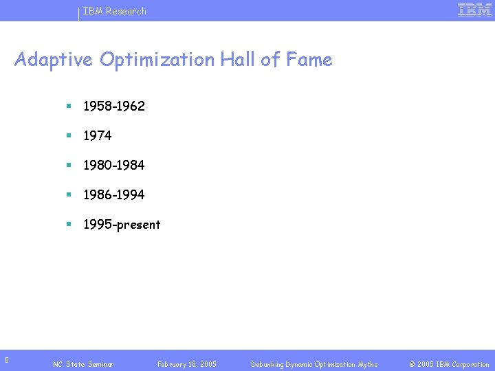 IBM Research Adaptive Optimization Hall of Fame § 1958 -1962 § 1974 § 1980