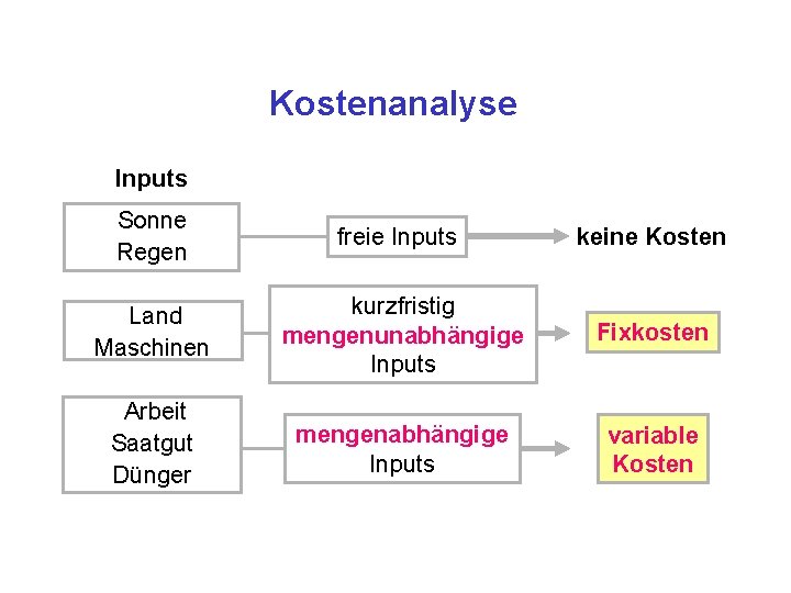 Kostenanalyse Inputs Sonne Regen freie Inputs keine Kosten Land Maschinen kurzfristig mengenunabhängige Inputs Fixkosten
