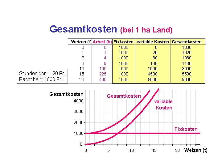 Gesamtkosten (bei 1 ha Land) Stundenlohn = 20 Fr. Pacht ha = 1000 Fr.