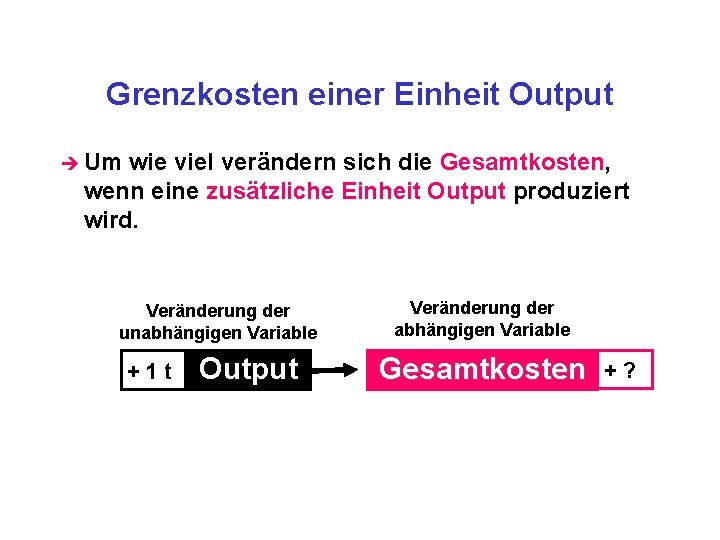 Grenzkosten einer Einheit Output è Um wie viel verändern sich die Gesamtkosten, wenn eine