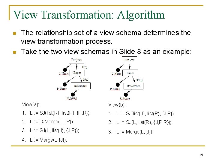 View Transformation: Algorithm n n The relationship set of a view schema determines the