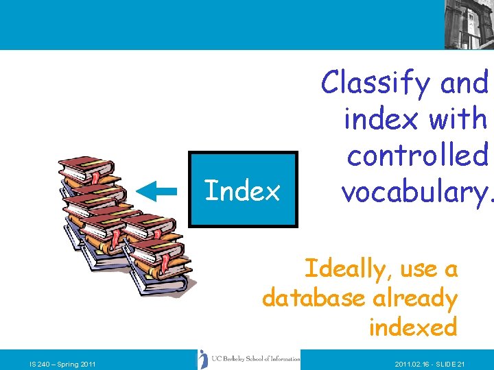 Index Classify and index with controlled vocabulary. Ideally, use a database already indexed IS