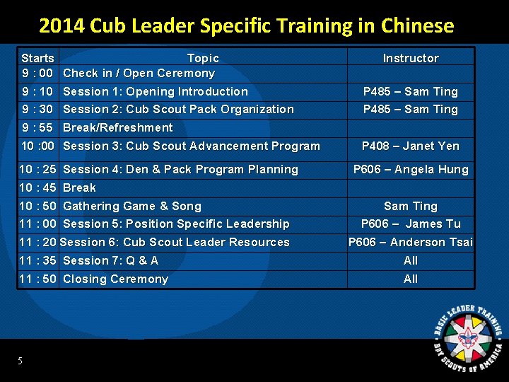 2014 Cub Leader Specific Training in Chinese Starts Topic 9 : 00 Check in