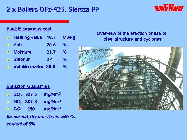 2 x Boilers OFz-425, Siersza PP Fuel: Bituminous coal l Heating value 16. 7