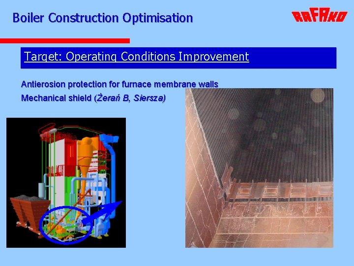 Boiler Construction Optimisation Target: Operating Conditions Improvement Antierosion protection for furnace membrane walls Mechanical