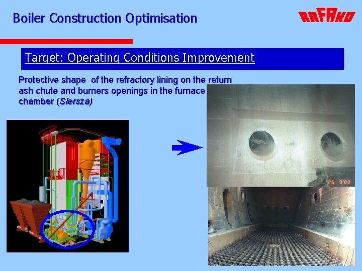 Boiler Construction Optimisation Target: Operating Conditions Improvement Protective shape of the refractory lining on