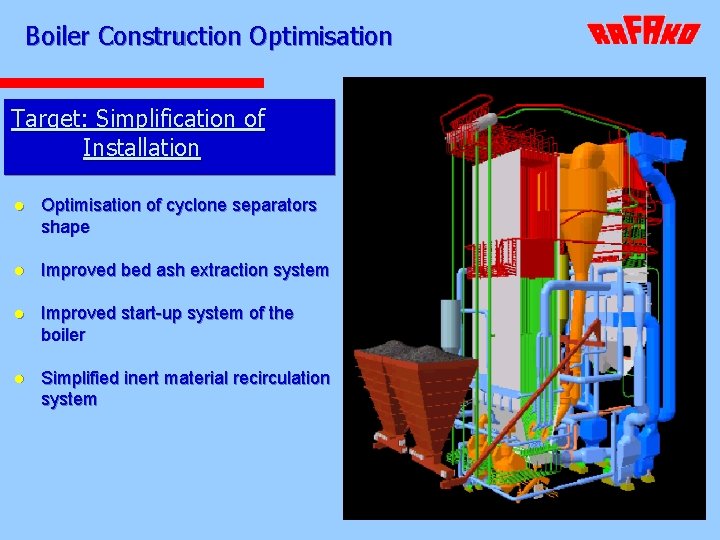 Boiler Construction Optimisation Target: Simplification of Installation l Optimisation of cyclone separators shape l