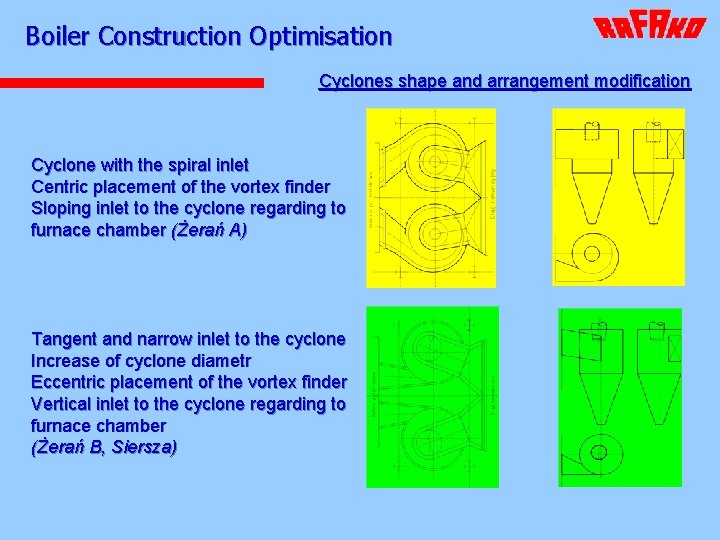 Boiler Construction Optimisation Cyclones shape and arrangement modification Cyclone with the spiral inlet Centric