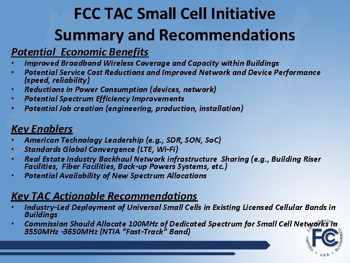 FCC TAC Small Cell Initiative Summary and Recommendations Potential Economic Benefits • • •