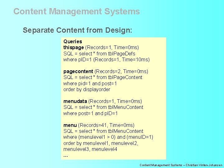 Content Management Systems Separate Content from Design: Queries thispage (Records=1, Time=0 ms) SQL =