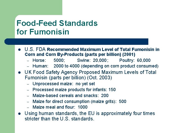 Food-Feed Standards for Fumonisin l U. S. FDA Recommended Maximum Level of Total Fumonisin