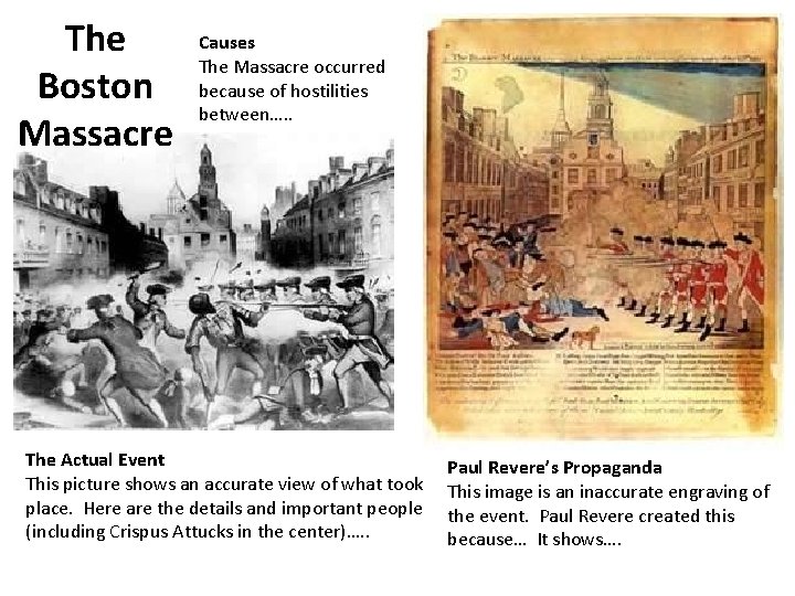 The Boston Massacre Causes The Massacre occurred because of hostilities between…. . The Actual