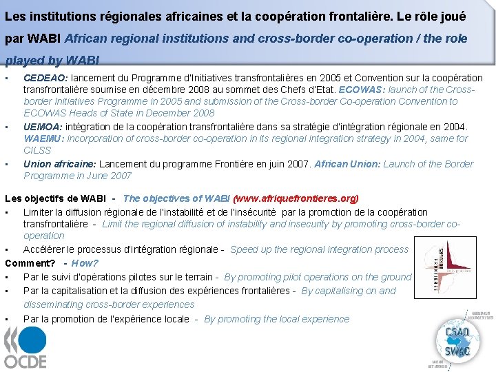 Les institutions régionales africaines et la coopération frontalière. Le rôle joué par WABI African