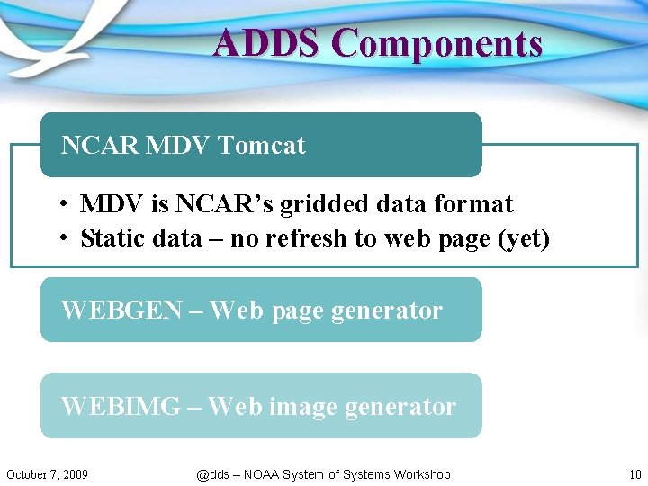 ADDS Components NCAR MDV Tomcat • MDV is NCAR’s gridded data format • Static