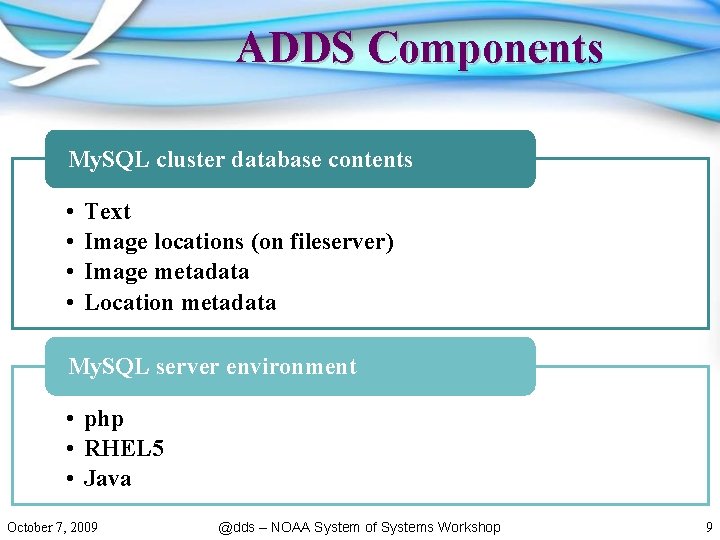 ADDS Components My. SQL cluster database contents • • Text Image locations (on fileserver)