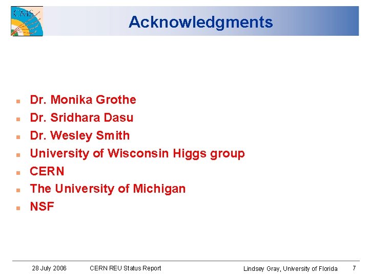 Acknowledgments Dr. Monika Grothe Dr. Sridhara Dasu Dr. Wesley Smith University of Wisconsin Higgs