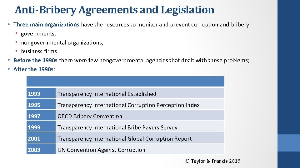 Anti-Bribery Agreements and Legislation • Three main organizations have the resources to monitor and