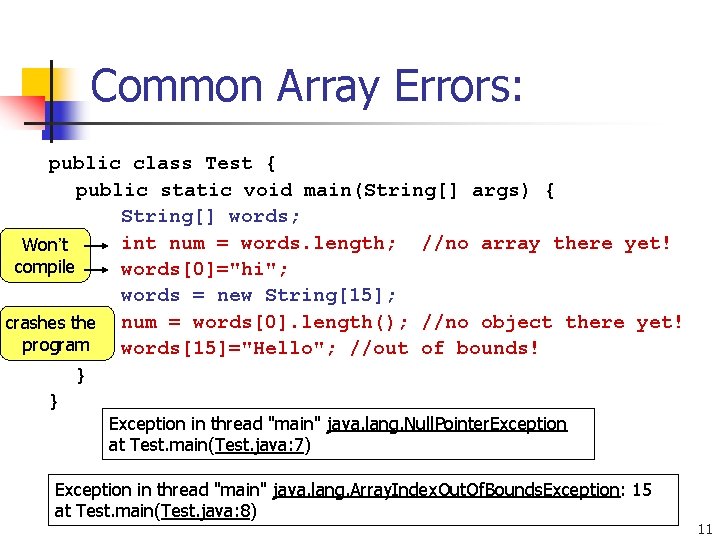 Common Array Errors: public class Test { public static void main(String[] args) { String[]