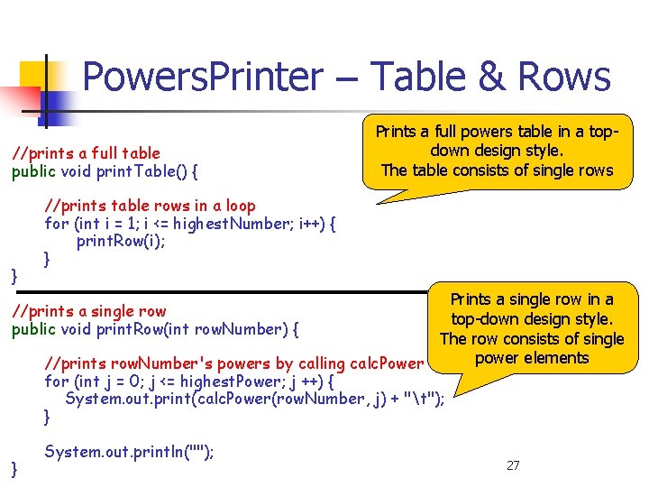 Powers. Printer – Table & Rows //prints a full table public void print. Table()