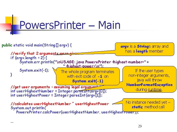 Powers. Printer – Main public static void main(String[] argv) { argv is a Strings