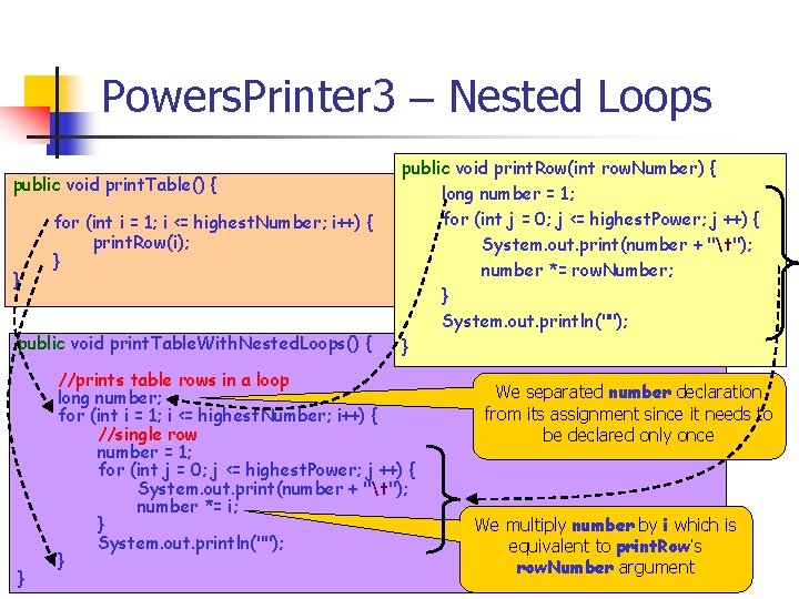 Powers. Printer 3 – Nested Loops public void print. Table() { } for (int