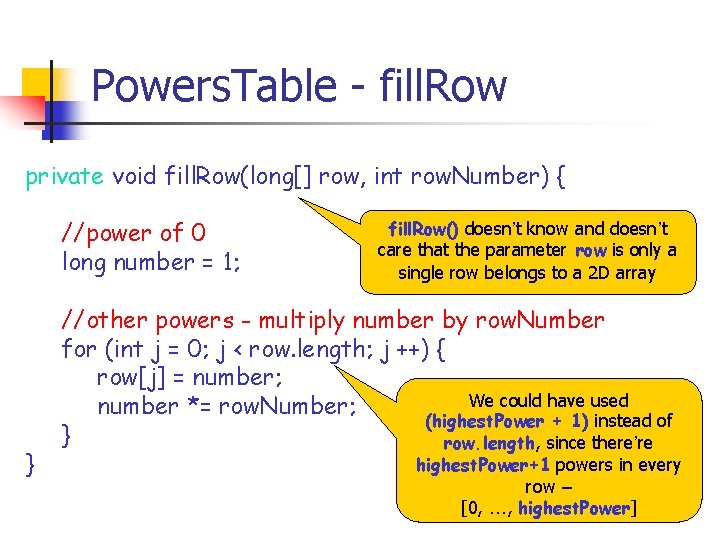 Powers. Table - fill. Row private void fill. Row(long[] row, int row. Number) {