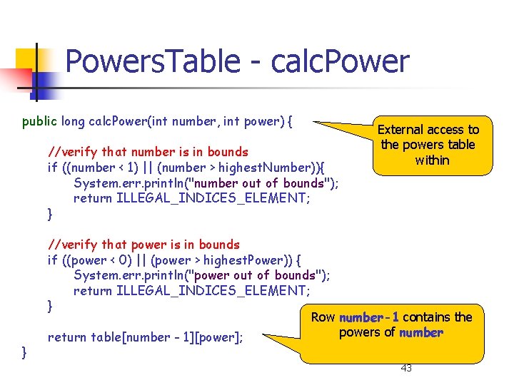 Powers. Table - calc. Power public long calc. Power(int number, int power) { //verify