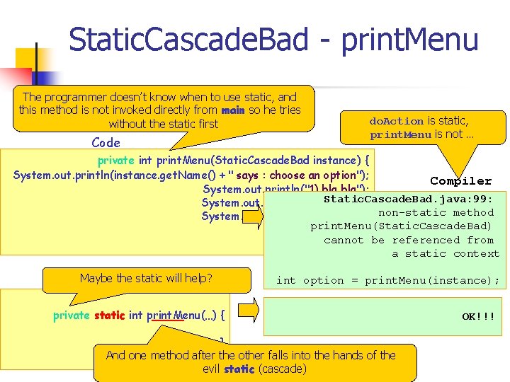 Static. Cascade. Bad - print. Menu The programmer doesn’t know when to use static,