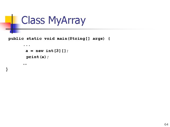 Class My. Array public static void main(String[] args) {. . . a = new