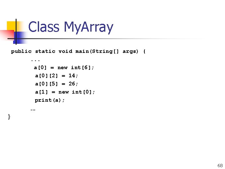 Class My. Array public static void main(String[] args) {. . . a[0] = new