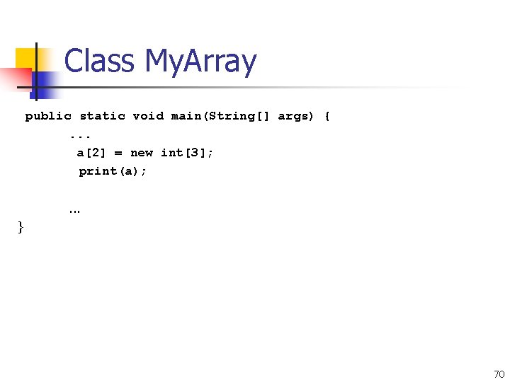 Class My. Array public static void main(String[] args) {. . . a[2] = new
