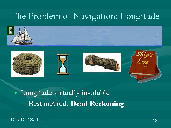 The Problem of Navigation: Longitude • Longitude virtually insoluble – Best method: Dead Reckoning