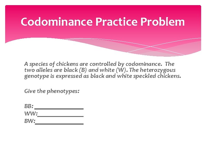 Codominance Practice Problem A species of chickens are controlled by codominance. The two alleles