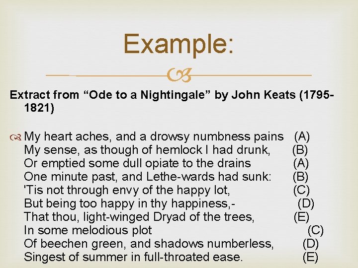 Example: Extract from “Ode to a Nightingale” by John Keats (17951821) My heart aches,