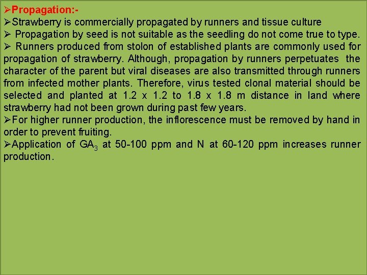 ØPropagation: ØStrawberry is commercially propagated by runners and tissue culture Ø Propagation by seed