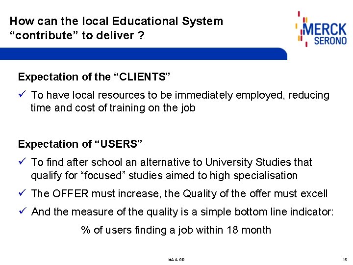 How can the local Educational System “contribute” to deliver ? Expectation of the “CLIENTS”