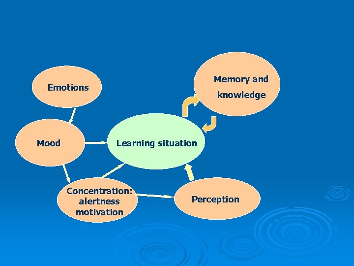 Memory and Emotions Mood knowledge Learning situation Concentration: alertness motivation Perception 