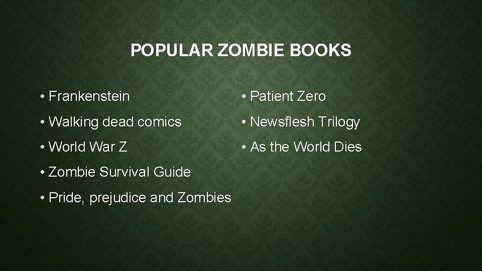 POPULAR ZOMBIE BOOKS • Frankenstein • Patient Zero • Walking dead comics • Newsflesh