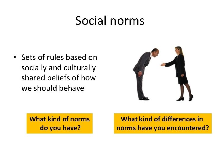 Social norms • Sets of rules based on socially and culturally shared beliefs of