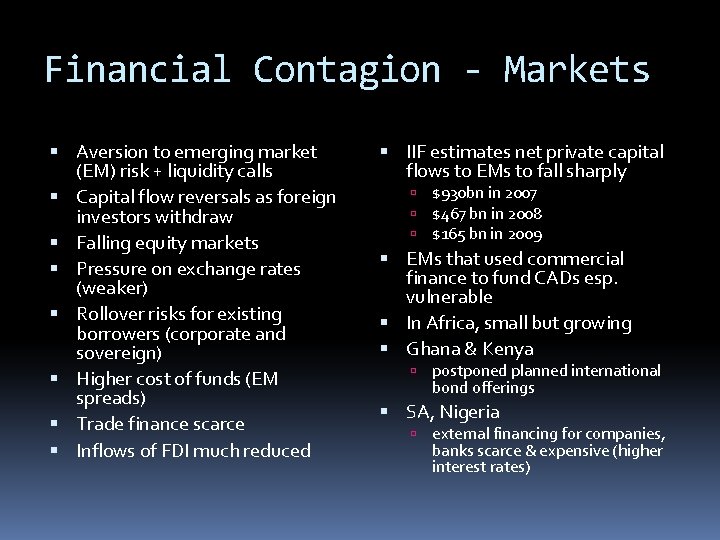 Financial Contagion - Markets Aversion to emerging market (EM) risk + liquidity calls Capital