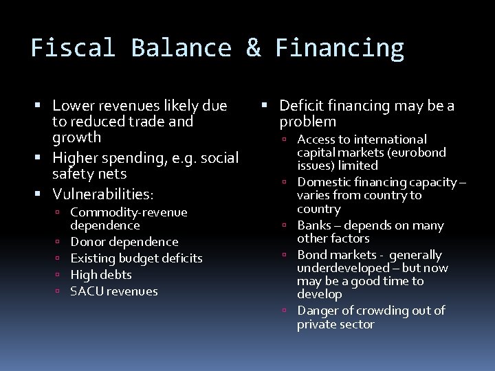 Fiscal Balance & Financing Lower revenues likely due to reduced trade and growth Higher