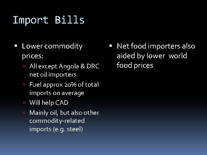 Import Bills Lower commodity prices: All except Angola & DRC net oil importers Fuel