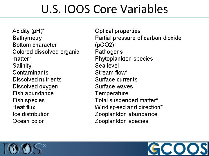 U. S. IOOS Core Variables Acidity (p. H)* Bathymetry Bottom character Colored dissolved organic