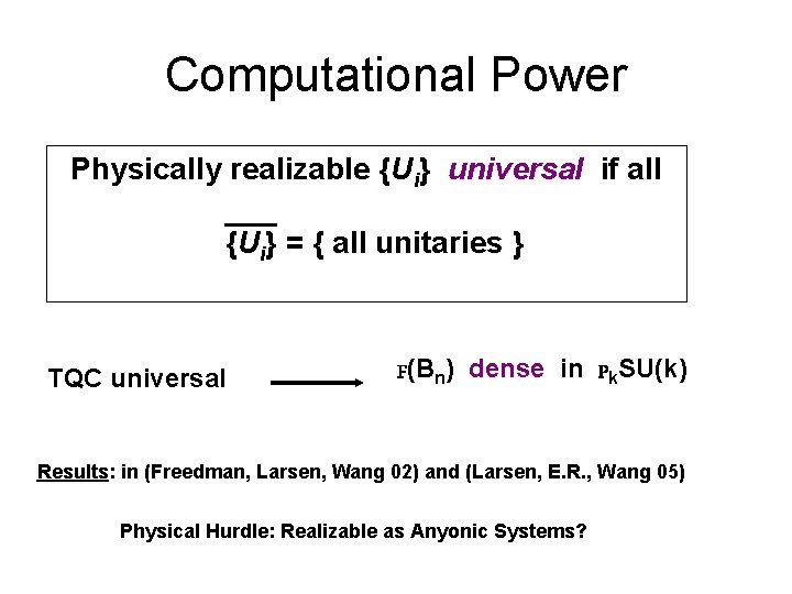 Computational Power Physically realizable {Ui} universal if all {Ui} = { all unitaries }