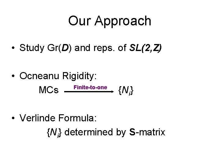 Our Approach • Study Gr(D) and reps. of SL(2, Z) • Ocneanu Rigidity: Finite-to-one