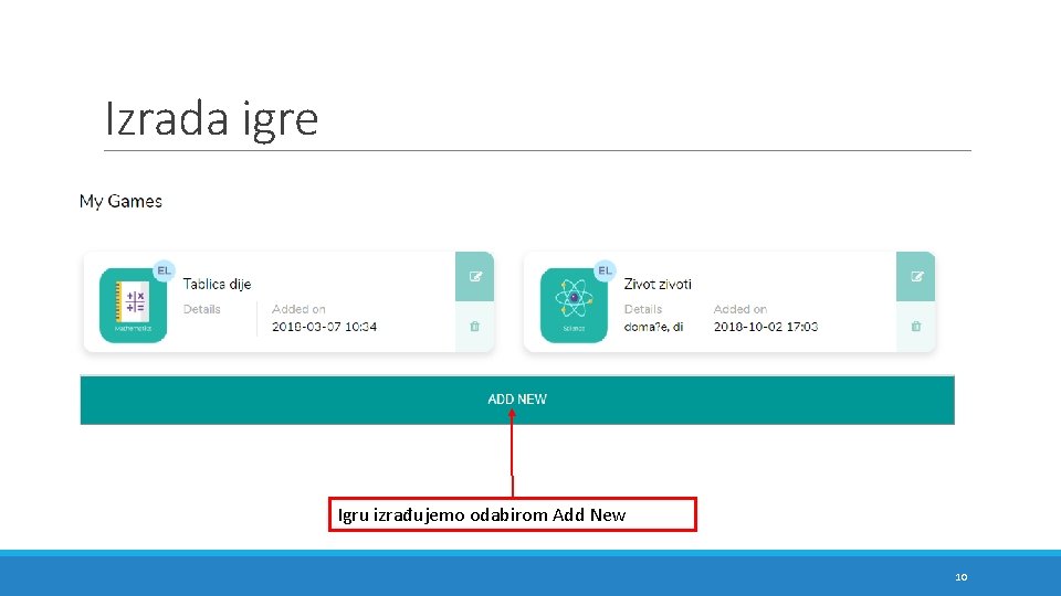 Izrada igre Igru izrađujemo odabirom Add New 10 